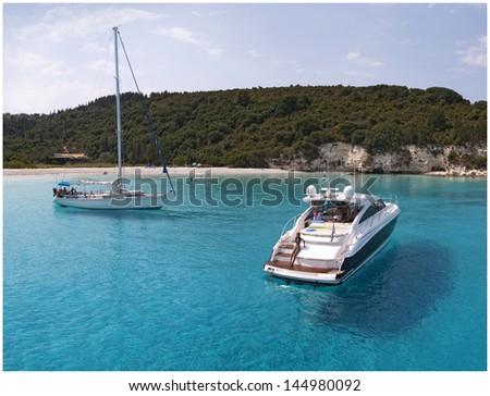 Antipaxos - small island in Greece with beautiful beach. Yacht.