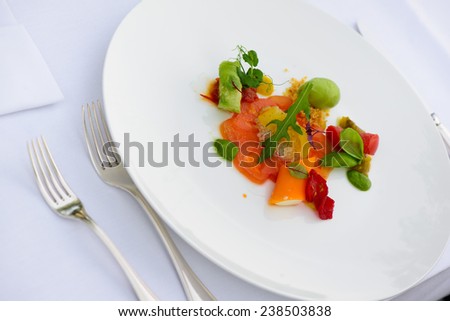 Dinner plate in luxury restaurant on the wedding, appetizer.