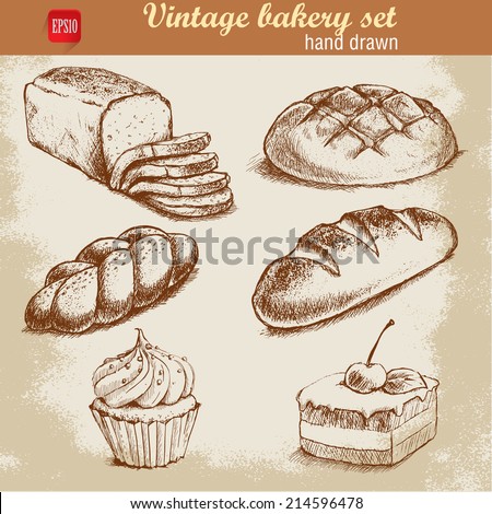 Vintage hand drawn sketch style bakery set Bread and pastry sweets on grunge background Vintage hand drawn sketch style bakery set Bread and pastry sweets on grunge background