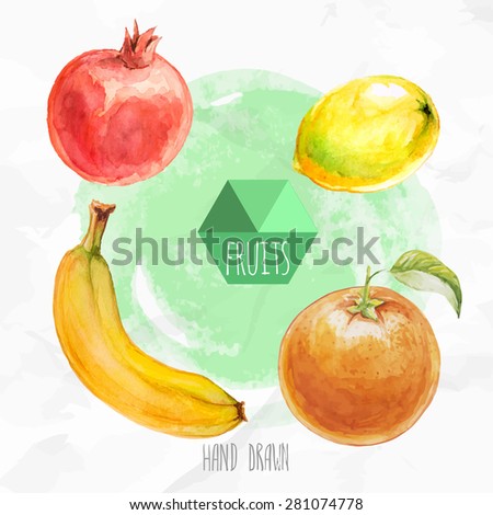 Watercolor hand painted fruit set. Eco food illustration. Watercolor green background. Ripe orange fruit, lemon, banana and pomegranate. Tropical fruits.