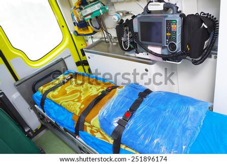 Ambulance interior details. Emergency equipment and devices