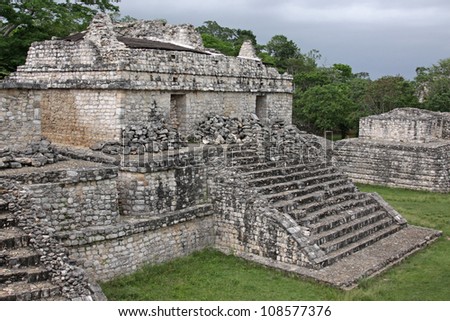 One of 'The Twins' in the Mayan ruins of Ek' Balam.  The name Ek' Balam means 'Black Jaguar'. It is located in the Yucatan Peninsula, Mexico.