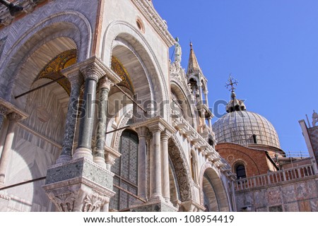 A side-view of Saint Mark\'s Basilica in Venice, Italy.