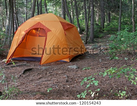An orange tent sitting in Algonquin Provincial Park in Ontario, Canada.