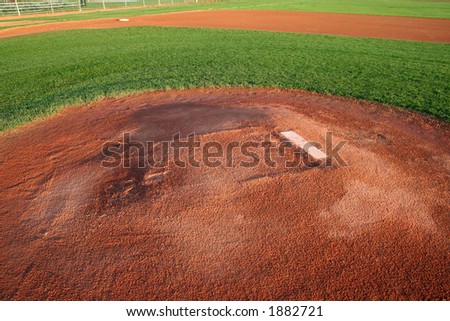 A shot of a baseball field from right behind the pitchers mound.