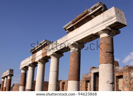 Columns in the Forum in the Roman city of Pompeii.  It was completely buried by an eruption of Mount Vesuvius in AD 79.