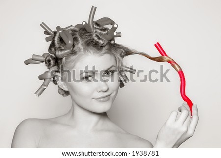 Hair Curlers on Stock Photo Girl And Hair Curlers B W Photo With Color Element 1938781