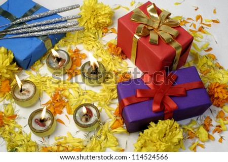 Diwali Gifts and lamps at traditional Indian festival,