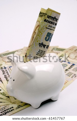saving money,indian currency with piggy bank, saving concept