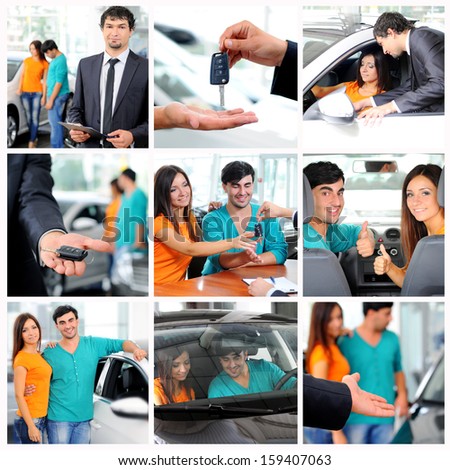 Car sales. Collage. Couple buying a new car in automobile center and sitting inside it