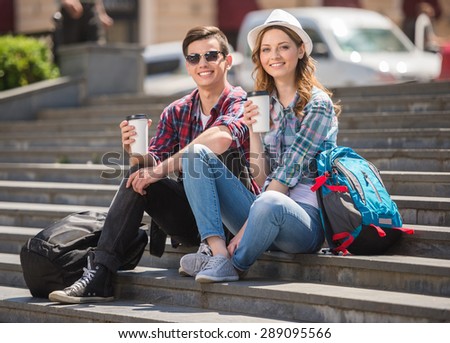 Attractive tourist couple relaxing sightseeing and enjoying traveling together.