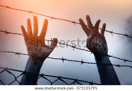 Refugee men and fence. Refugee concept