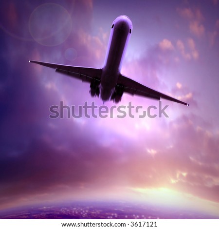 silhouette of a plane flying over the city at dusk