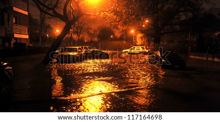 BROOKLYN, NY - OCTOBER 29: Flooded street, caused by Hurricane Sandy, are seen on October 29, 2012, in the corner of Bragg street and  Shore Pway of Brooklyn NY, United States.