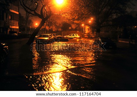 BROOKLYN, NY - OCTOBER 29: Flooded street, caused by Hurricane Sandy, are seen on October 29, 2012, in the corner of Bragg street and  Shore Pway of Brooklyn NY, United States.