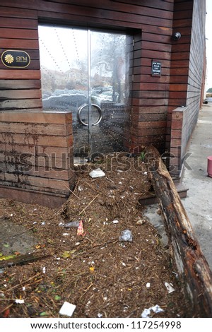 BROOKLYN, NY - OCTOBER 30: Debris litters the ground in the Sheapsheadbay neighborhood due to flooding from Hurricane Sandy in Brooklyn, New York, U.S., on Tuesday, October 30, 2012.