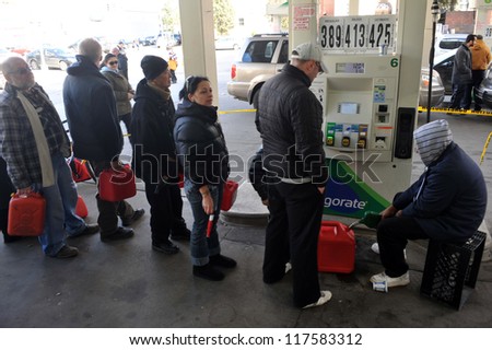 BROOKLYN, NY - NOVEMBER 03: People says in line for gas in the Sheapsheadbay neighborhood due to strong wind from Hurricane Sandy in Brooklyn, New York, U.S., on Saturday, November 03, 2012.