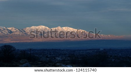 Spectacular view to the Mountains from summit of Alta ski resort at sunset time in Utah