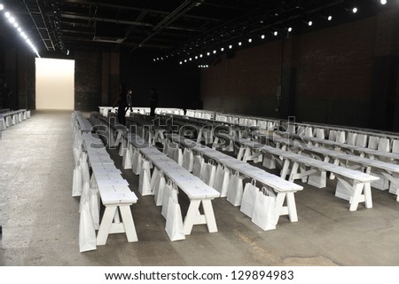 NEW YORK, NY - FEBRUARY 11: An empty seats before runway at the Zero + Maria Cornejo Fall 2013 Fashion Show on February 11, 2013 in New York City.