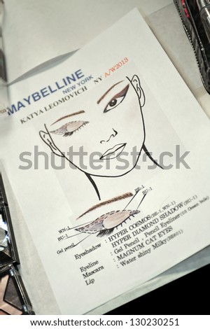 NEW YORK, NY - SEPTEMBER 08: A model make-up sketch backstage at the Katya Leonovich show during Spring 2013 Mercedes-Benz Fashion Week at The Studio Lincoln Center on September 8, 2012 in NYC.