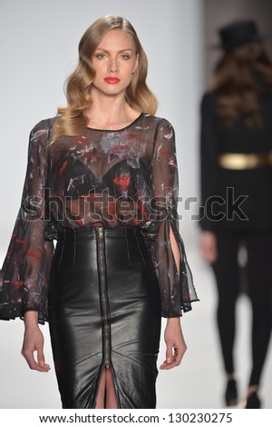 NEW YORK - FEBRUARY 08: A model walks the runway at the Project Runway Fall Winter 2013 fashion show during Mercedes-Benz Fashion Week on February 8, 2013 in New York City.