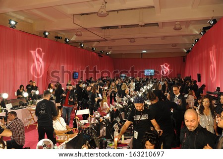 NEW YORK, NY - NOVEMBER 13: A view of atmosphere at the 2013 Victoria\'s Secret Fashion Show hair and make-up room at Lexington Avenue Armory on November 13, 2013 in New York City.