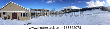 Panoramic view to lodge and ski slopes at Cannon mountain in NH