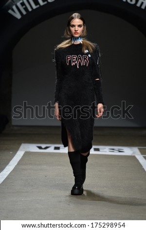 NEW YORK, NY - FEBRUARY 05: A model walks the runway for the designs of Heyein Seo for VFiles Made Fashion 2 show during Mercedes Benz Fashion Week at Eyebeam on February 5, 2014 in New York City.