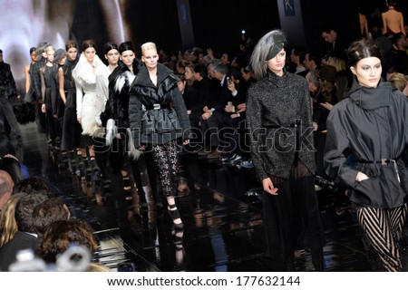 NEW YORK, NY - FEBRUARY 10: Models walk the runway at Donna Karan New York 30th Anniversary during Mercedes-Benz Fashion Week Fall 2014 at 23 Wall Street on February 10, 2014 in New York City.