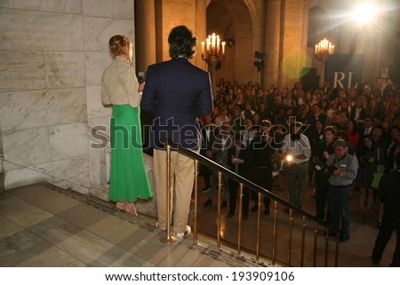 NEW YORK, NY - MAY 19: David Lauren and Uma Thurman making a speech at the Ralph Lauren Fall 14 Children's Fashion Show in Support of Literacy at New York Public Library on May 19, 2014 in NYC.