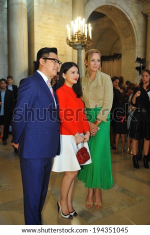 NEW YORK, NY - MAY 19: (L-R) Wang Yuelun, Li Xiang, and Uma Thurman attend the Ralph Lauren Fall 14 Children\'s Fashion Show in Support of Literacy at New York Public Library on May 19, 2014 in NYC.