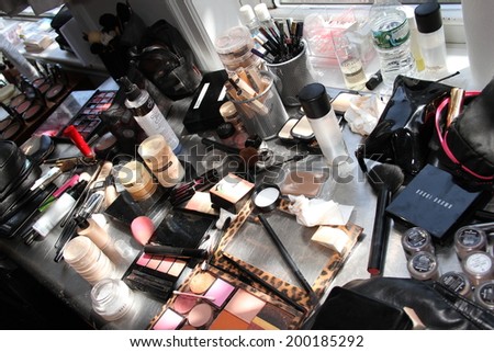 NEW YORK, NY - June 16: A makeup kit on the table backstage at the Claire Pettibone Spring 2015 Romantique Bridal collection show on June 16, 2014 in NYC.
