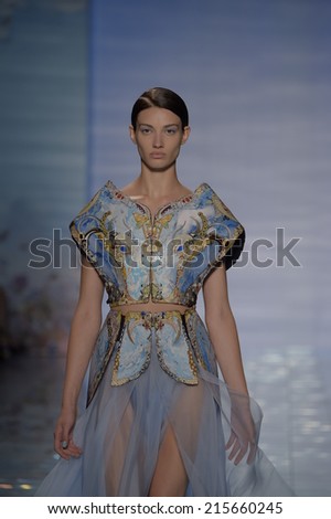 NEW YORK, NY - SEPTEMBER 06: A model walks the runway at the LIE SANGBONG Spring-Summer 2015 Collection during Mercedes-Benz Fashion Week Spring 2015 on September 6, 2014 in New York City.
