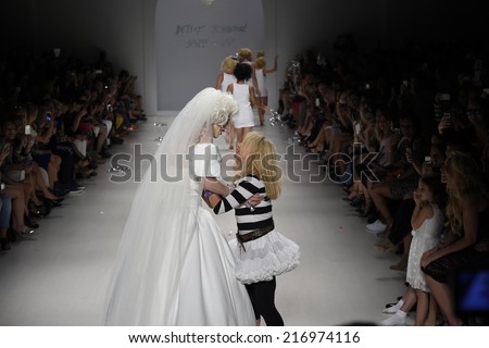 NEW YORK, NY - SEPTEMBER 10: Drag Queen Sharon Needles and designer Betsey Johnson walks the runway at Betsey Johnson show during Mercedes-Benz Fashion Week Spring 2015 on September 10, 2014 in NYC.