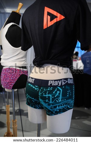 NEW YORK, NY - OCTOBER 25: Play out active wear on mannequin during Made in the USA Spring 2015 lingerie showcase preparations at the Center 548 on October 25, 2014 in New York City.