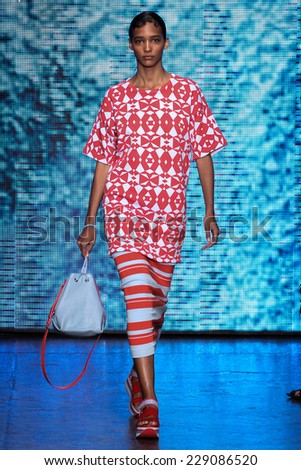 NEW YORK, NY - SEPTEMBER 07: Model Cora Emmanuel (The Society) walk the runway at DKNY during MBFW Spring 2015 at 547 West 26th Street on September 7, 2014 in NYC.