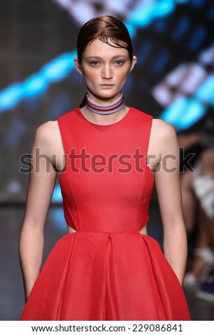 NEW YORK, NY - SEPTEMBER 07: Model Sophie Touchet (The Society) walks the runway at DKNY during MBFW Spring 2015 at 547 West 26th Street on September 7, 2014 in NYC.