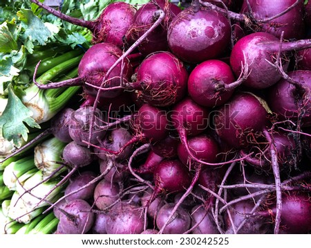 Fresh organic cellery and beetroot at farmers Market on Union Square New York