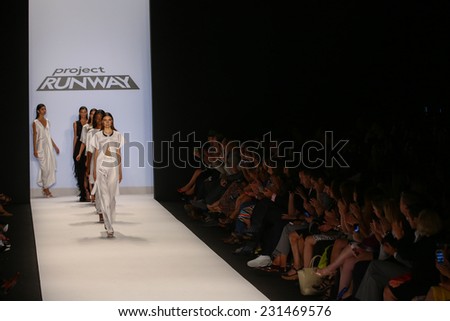 NEW YORK, NY - SEPTEMBER 05: A model walks the runway at the Project Runway (Sean Kelly) show during MBFW Spring 2015 at Lincoln Center on September 5, 2014 in NYC