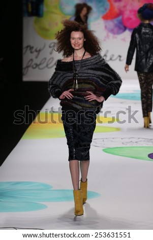 NEW YORK, NY - FEBRUARY 12: A model walks the runway at the Desigual fashion show during Mercedes-Benz Fashion Week Fall 2015 at The Theatre at Lincoln Center on February 12, 2015 in New York City.