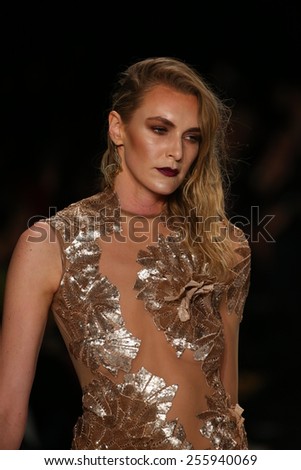 NEW YORK, NY - FEBRUARY 19: A model walks the runway in a MT Costello design at the Art Hearts Fashion show during MBFW Fall 2015 at Lincoln Center on February 19, 2015 in NYC.
