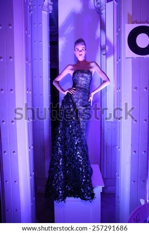 NEW YORK, NY - FEBRUARY 18: A model posing for guests before B Michael America fashion show during MBFW Fall at New York Public Library on February 18, 2015 in NYC