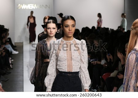 NEW YORK, NY - FEBRUARY 13: Models walk the runway at Zimmermann fashion show during Mercedes-Benz Fashion Week Fall 2015 at ArtBeam on February 13, 2015 in NYC.