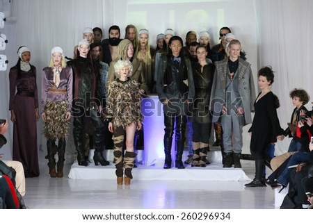 NEW YORK, NY - FEBRUARY 13: Models walks at Nina Athanasiou Runway at MBFW Fall 2015 at The Designer\'s Loft on February 13, 2015 in NYC.