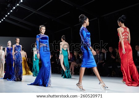NEW YORK, NY - FEBRUARY 19: Models walk runway in Dany Tabet dress at the New York Life fashion show during MBFW Fall 2015 on February 19, 2015 in NYC.