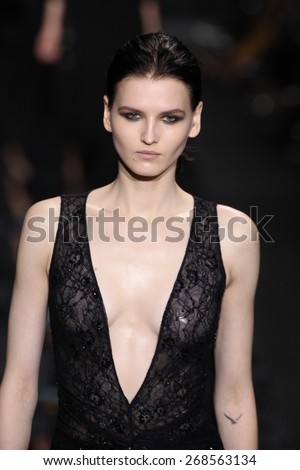 NEW YORK, NY - FEBRUARY 15: Model Katlin Aas walk the runway at the Diane Von Furstenberg fashion show during MBFW Fall 2015 at Spring Studios on February 15, 2015 in NYC
