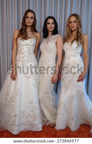 NEW YORK, NY - APRIL 22: Models pose at the Michelle Roth Bridal Spring 2016 Collection presentation at William NYC Hotel on April 22, 2015 in New York City
