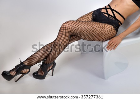 Picture of female model legs in fishnet hosiery