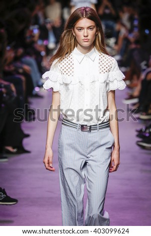 PARIS, FRANCE - OCTOBER 06: A model walks the runway during the Paul and Joe show as part of Paris Fashion Week Womenswear Spring/Summer 2016 on October 6, 2015 in Paris, France.