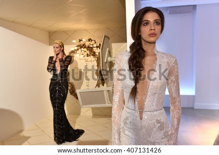 NEW YORK, NY - APRIL 14: Models pose during the Galia Lahav Bridal Fashion Week Spring/Summer 2017 presentation on April 14, 2016 in New York City.